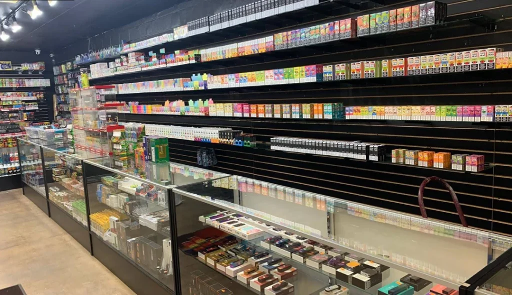 Well-organized shelves with vapes, cigarettes, and accessories at Cigarette Shop Tulsa, displayed under bright lighting.