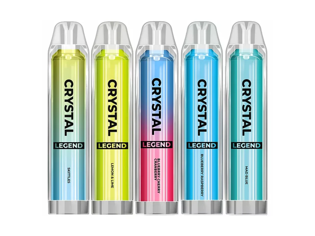 Colorful Crystal Legend e-cigarettes with flavors like skittles and blueberry, sold at e-cigarettes Houston.
