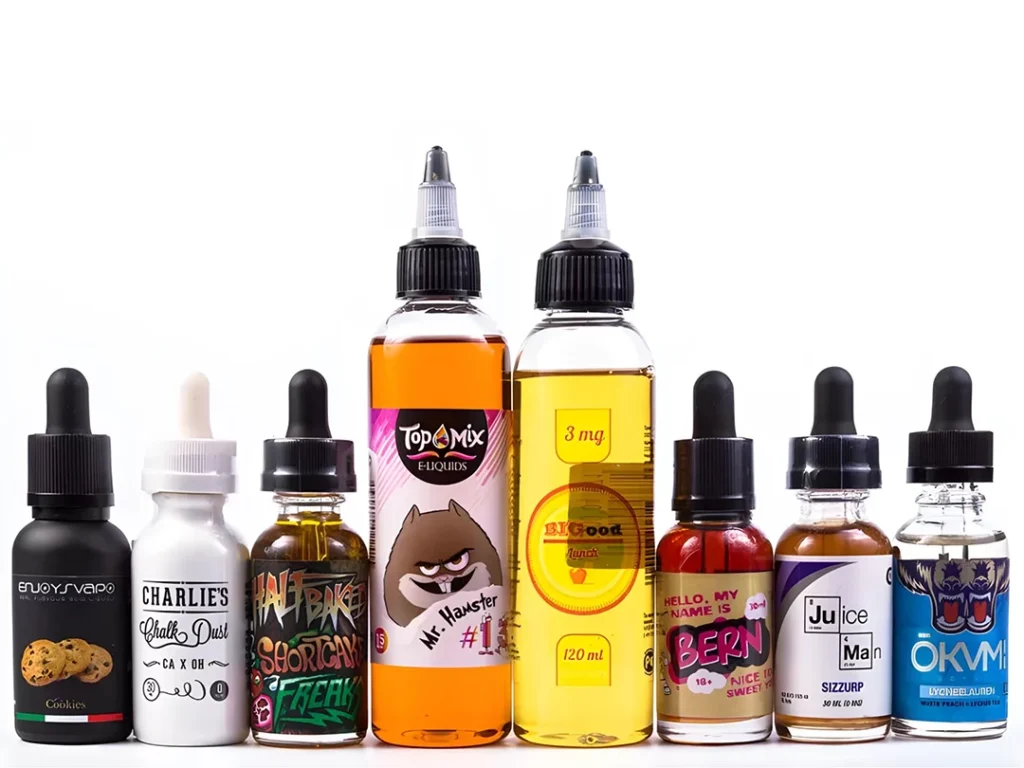 Assorted e-cigarette liquids with flavors like cookies and berry, available at e-cigarettes Houston.