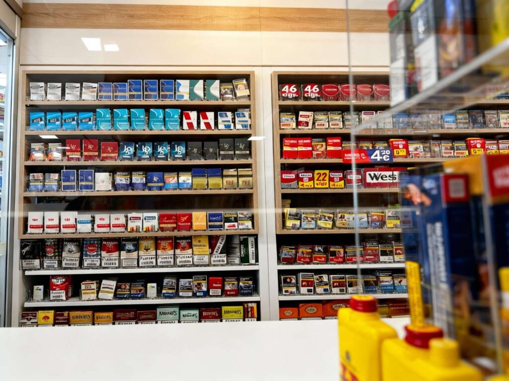 Wide shelves filled with assorted cigarette packs at Vape Shop Sapulpa, offering a diverse selection for smokers and vaping enthusiasts nearby.