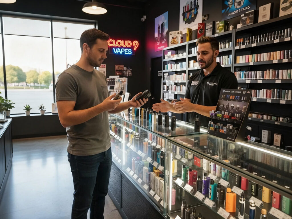Customer shopping at a modern vape shop in Tulsa, interacting with staff while browsing a variety of vaping products and accessories.