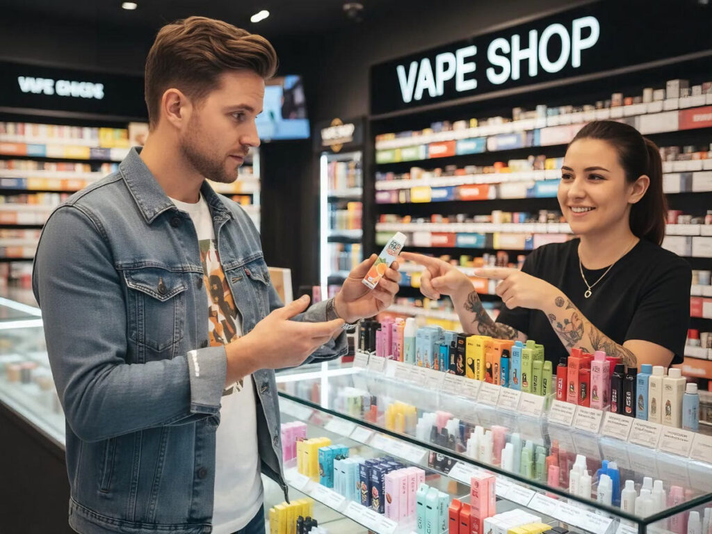Customer exploring vape products with staff assistance at a vibrant vape shop in Tulsa, showcasing a wide range of colorful vaping options.