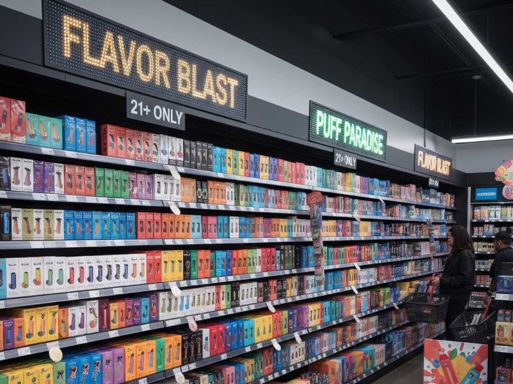 Shopper examining colorful vape packs at a modern vape shop in Tulsa, featuring popular brands and flavors in a welcoming retail environment.