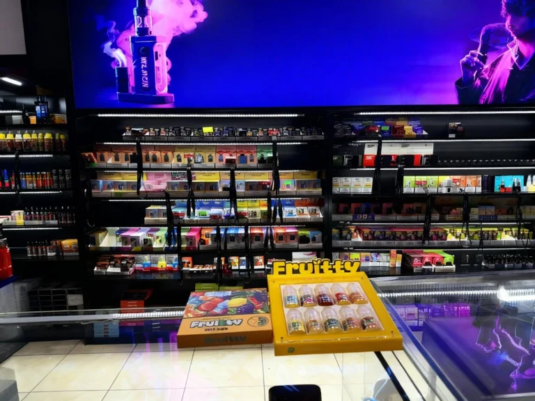 Check out a colorful array of vaping products and Flufft vape display at our leading CBD store in Owasso, offering top-quality selections for enthusiasts.