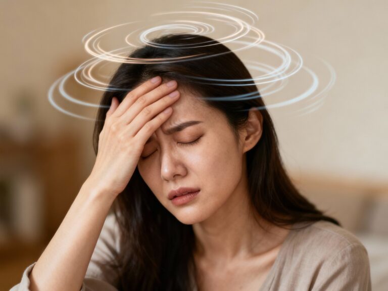 Woman with hand on forehead, showing dizziness, possibly an effect of N2O, highlighting feelings and reactions in a relatable setting.