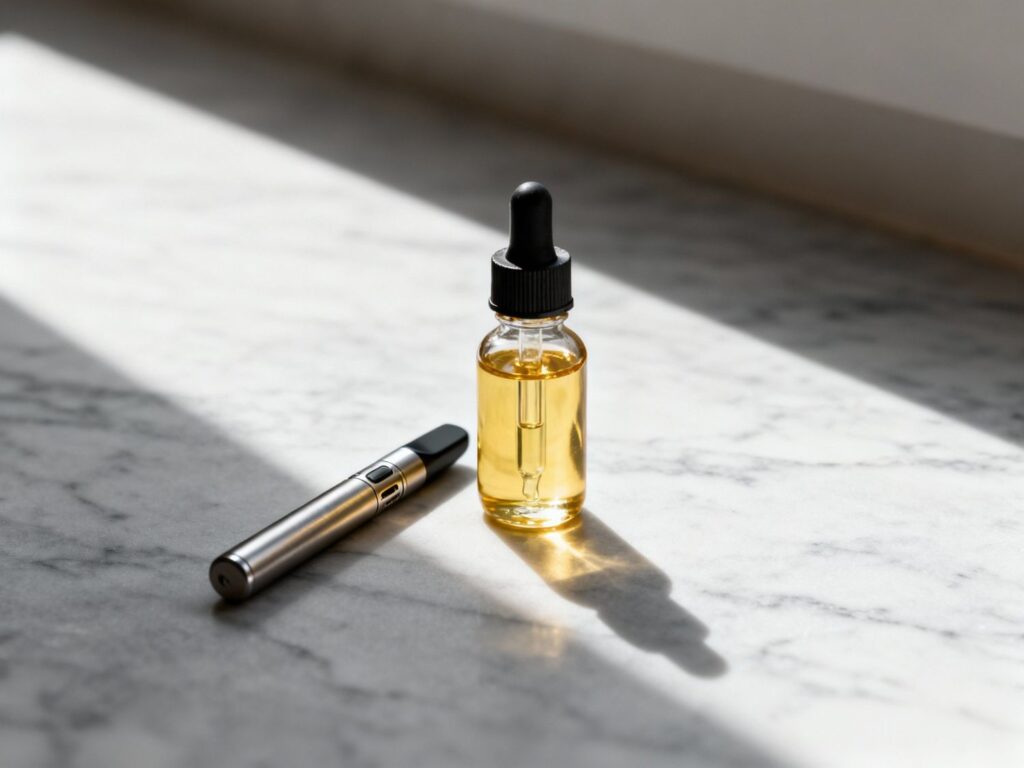 Single e-liquid bottle with a sleek vape device on marble at CBD Store Sapulpa, offering high-quality CBD vaping solutions in a stylish setting.