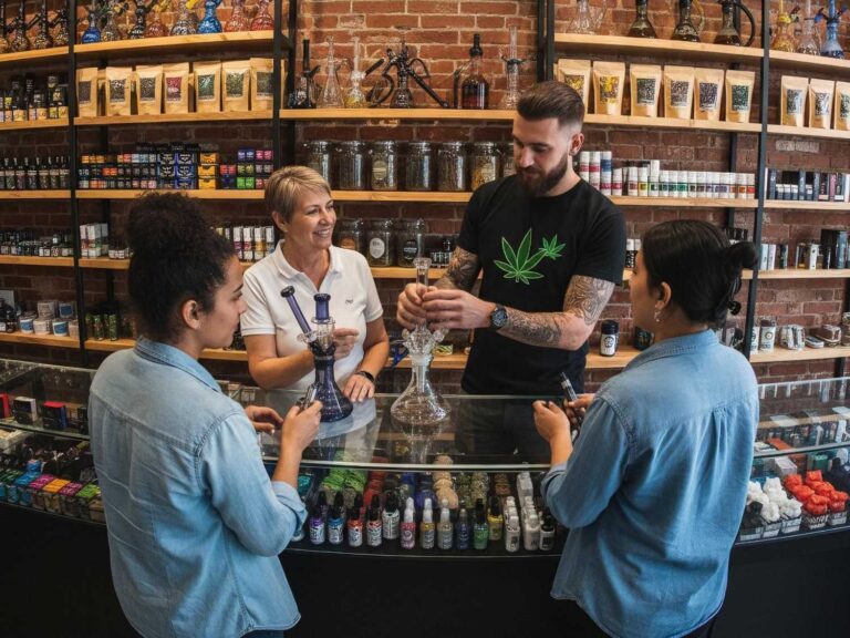 Friendly staff assisting customers with a glass pipe at CBD Store Sapulpa, your premier destination for CBD and vaping products with a cozy vibe.