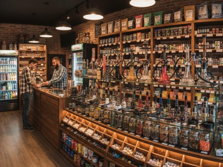 Smoke shop in Tulsa interior with extensive shelves stocked with jars of tobacco and smoking accessories behind the counter.