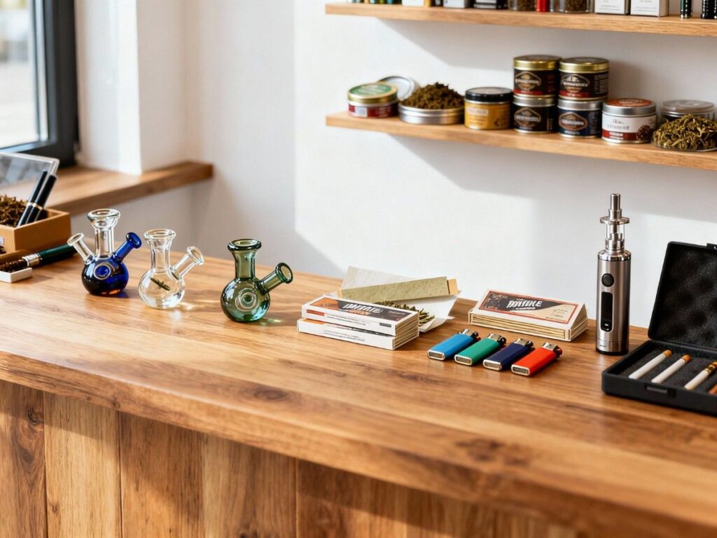 Smoke shop in Tulsa displaying colorful glass pipes, vape pens, and product boxes on a wooden countertop display.
