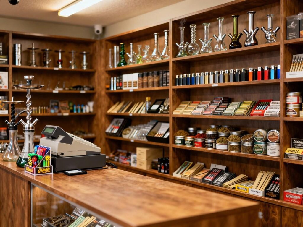 Smoke shop in Tulsa featuring wooden shelves filled with hookahs, cigars, and various smoking products near the register.