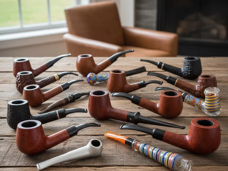 Tobacco shop in Tulsa showcasing an assortment of colorful pipes on a wooden table.