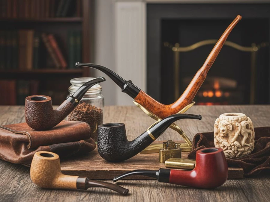 Tobacco shop in Tulsa displaying a variety of pipes by a cozy fireplace setup.