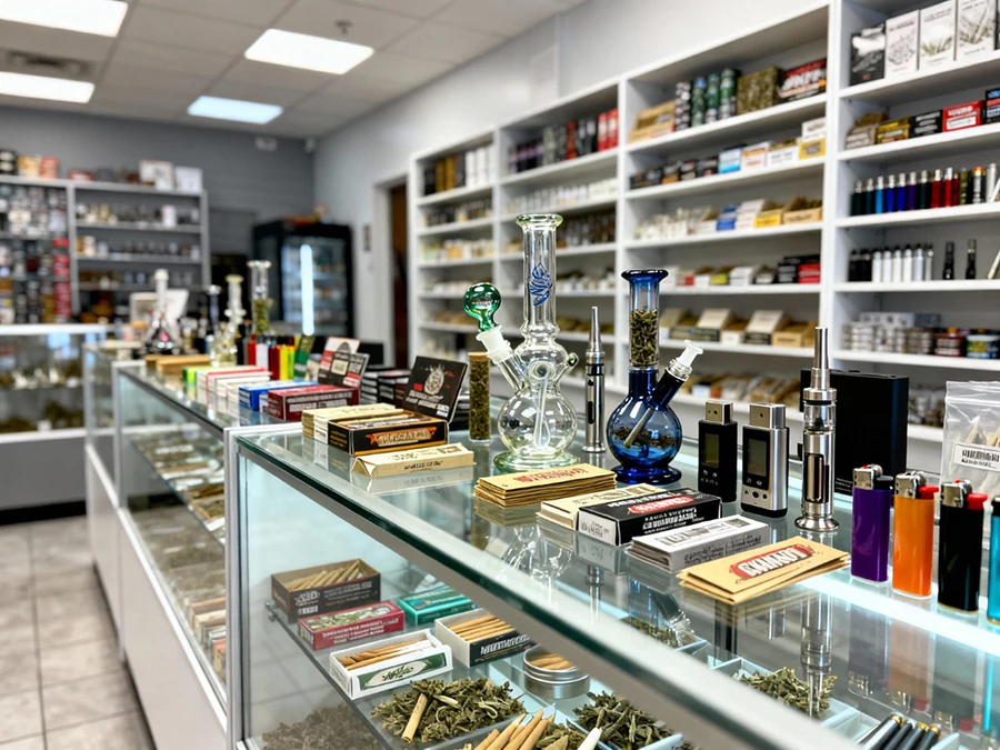 Smoke shop in Tulsa featuring shelves and glass cases with various smoking products.