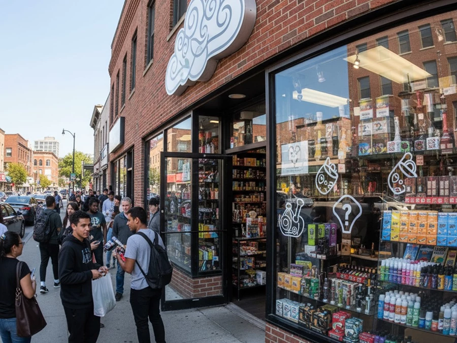 Smoke shop in Tulsa with a busy storefront and diverse product window display.
