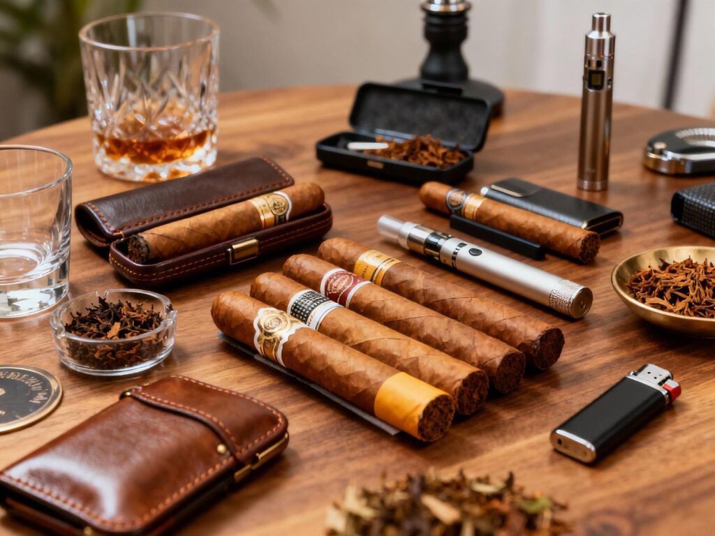 Luxurious cigars in leather cases, whiskey tumbler, and fine accessories from Cigar Shop Sapulpa, ideal for discerning enthusiasts.