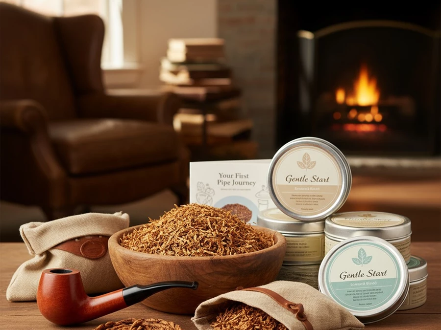 Tobacco shop in Tulsa showcasing pipe tobacco blends by a cozy fireplace setup.