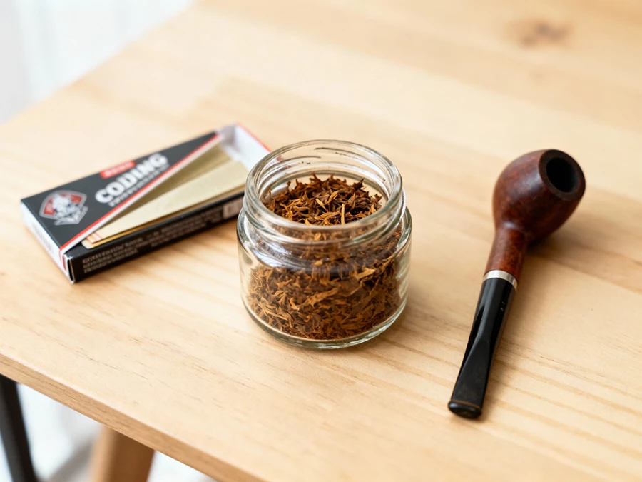 Tobacco shop in Tulsa featuring Cornell & Diehl tobacco jar with pipe on wooden table.