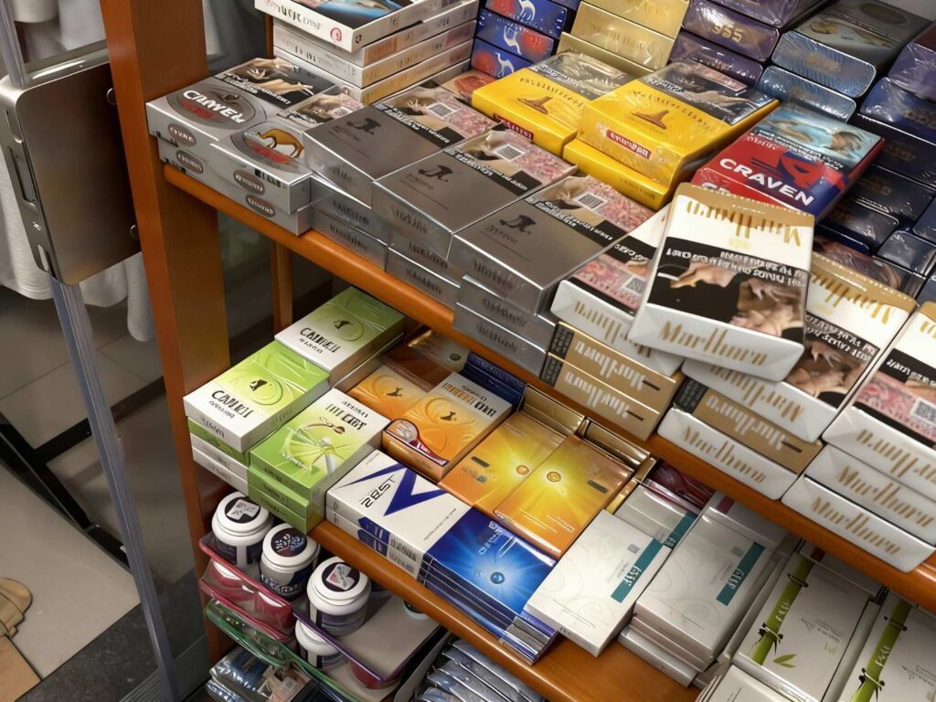 Shelves stocked with diverse cigarette brands like Marlboro and Camel at Vape Shop Sapulpa, offering top selections for smokers transitioning to vaping alternatives locally.