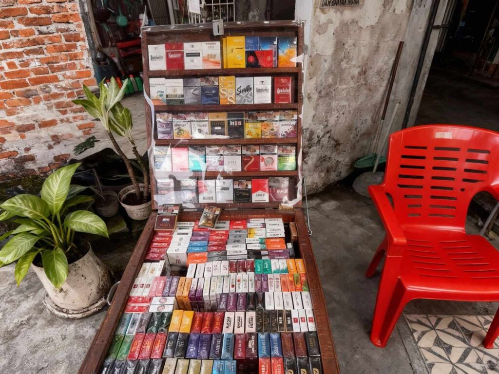 Outdoor kiosk showcasing colorful cigarette packs in a rustic setup at Vape Shop Sapulpa, where you can explore vaping gear and traditional tobacco products with ease.
