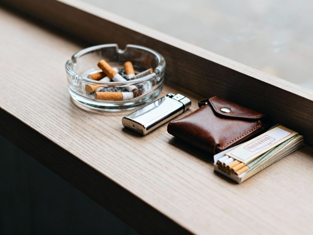 Glass ashtray with cigarette butts and a lighter at Tobacco Shop Tulsa, offering a range of smoking essentials and accessories nearby.