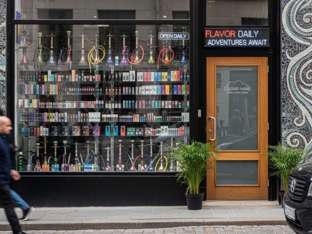 Vibrant storefront display of hookahs and vapes at Tobacco Shop Tulsa, showcasing diverse tobacco and smoking products in the area.