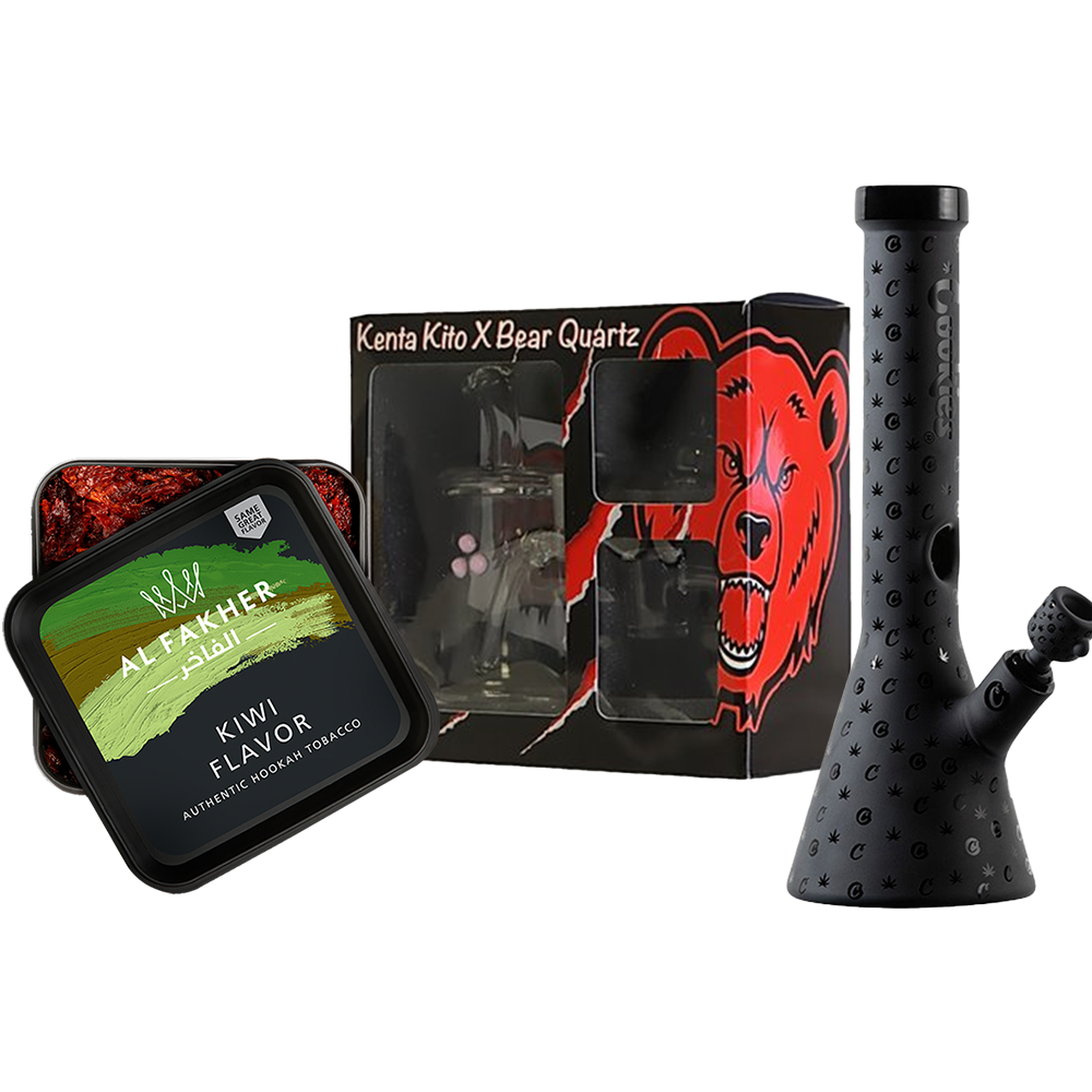 Al Fakher Kiwi hookah tobacco Kenta Kito Bear Quartz banger and DankGeek beaker bong at hookah shop Tulsa