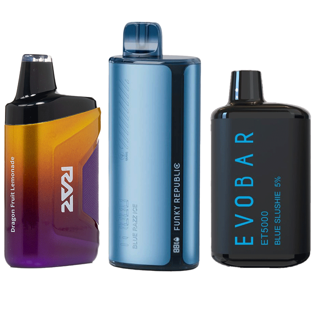 RAZ Dragon Fruit Lemonade Funky Republic Blue Razz Ice and EVO Bar Blue Slushie disposables at local vape shop in Tulsa
