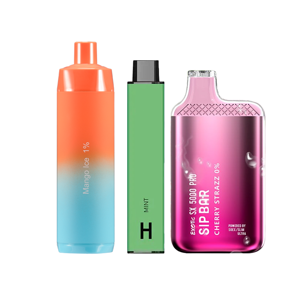 Mango Ice 1% HYLA Mint 0% and Exotic Sip Bar SX 5000 Cherry Strazz disposable vapes at discount vape shop