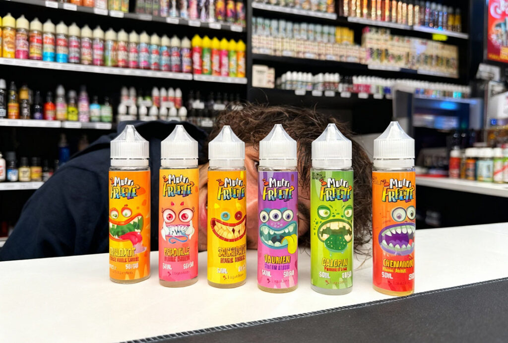 Row of colorful Multi Freeze vape juice bottles with monster faces on display in Broken Arrow vape shop