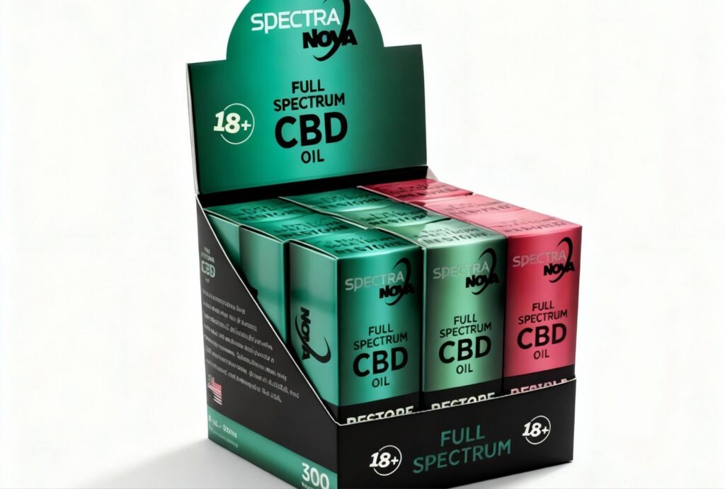 Spectra Nova Full Spectrum CBD oil display box (18+) at CBD Store Owasso – premium tinctures in stock.