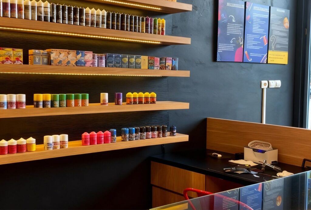 Modern CBD Store Owasso interior with colorful CBD oils, gummies & vape juices on lit shelves.