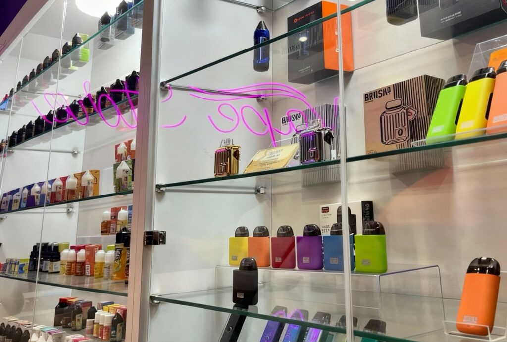 Colorful Delta 8 vapes, pods and e-liquids on display at Delta 8 Store Owasso – huge selection.