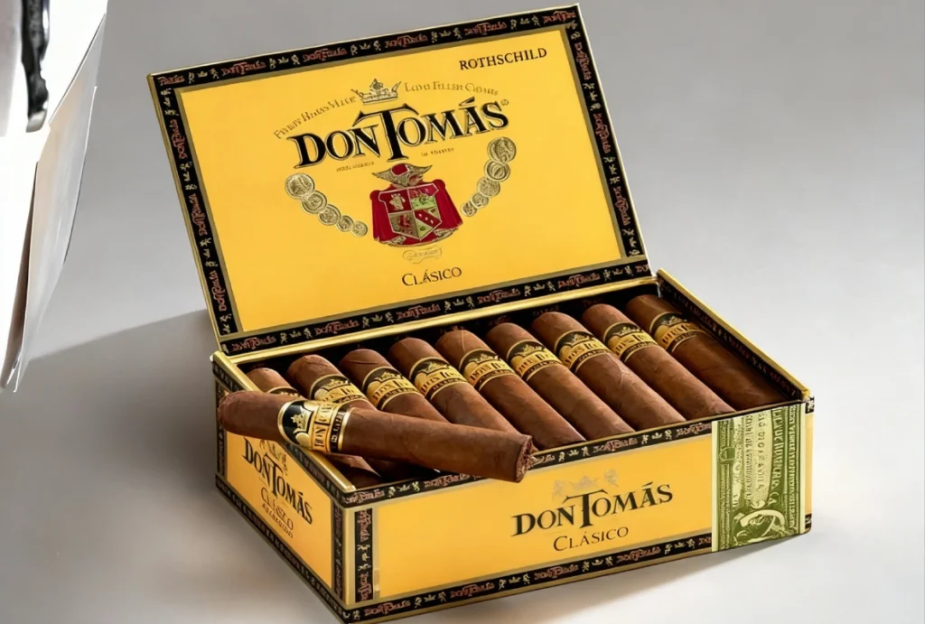 Open box of premium Don Tomás Clásico cigars, rich tobacco ready at CBD Shop Tulsa.