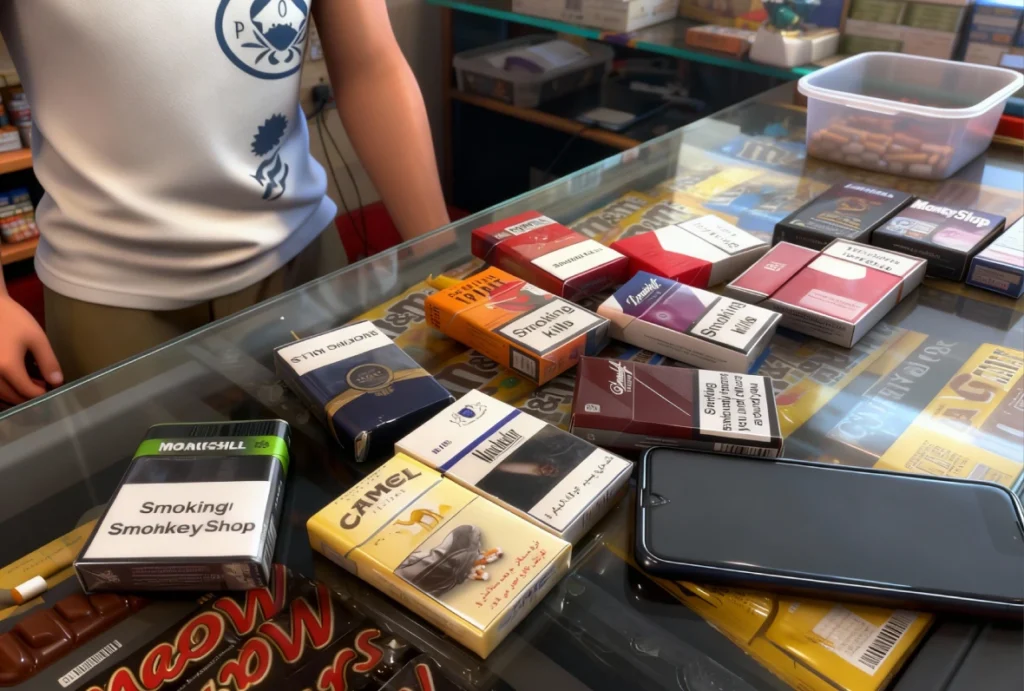 Counter display of Camel, Marlboro, and global cigarette packs at CBD Shop Tulsa store.