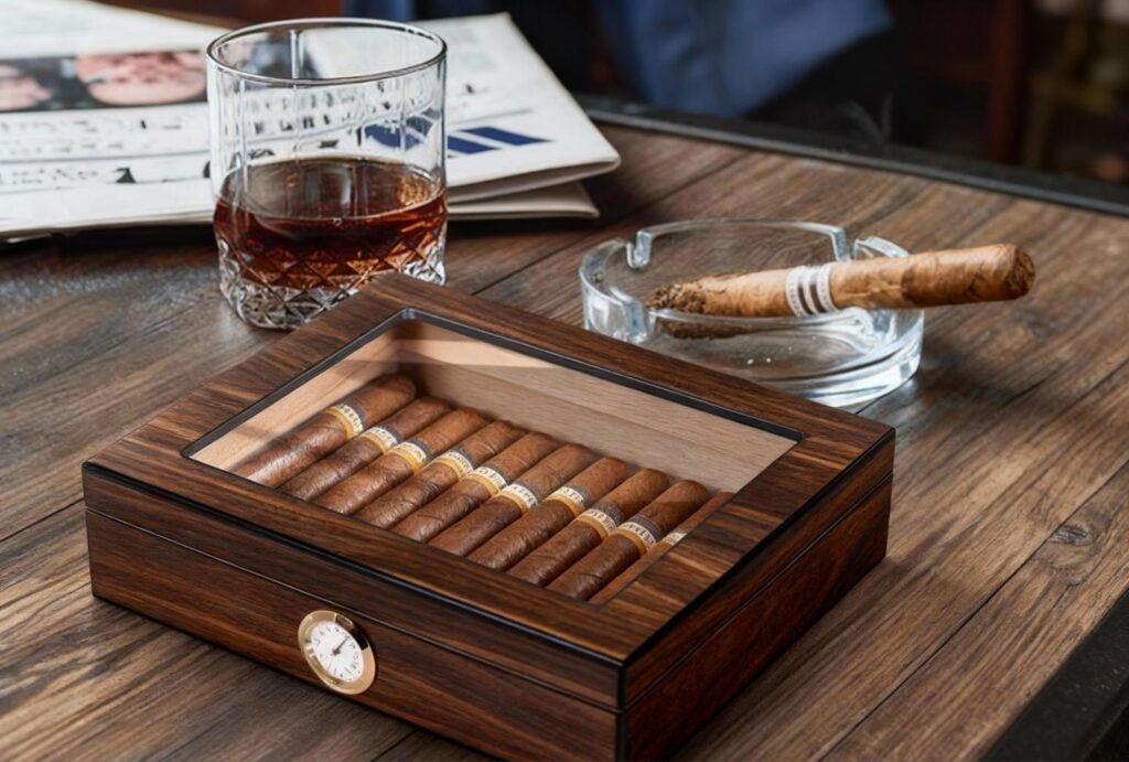 Luxury wooden humidor filled with Cuban cigars and whiskey glass at Cigar Store Owasso.