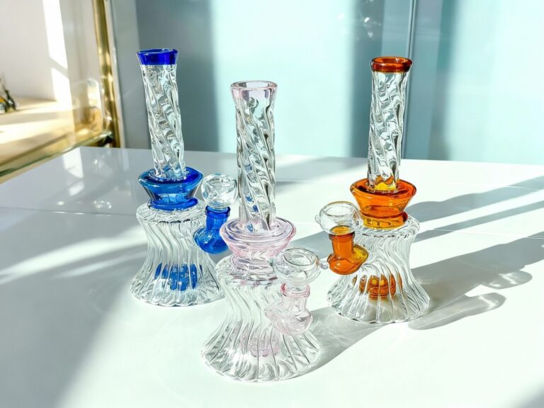 Colorful glass pipes with unique designs on display at Glass Pipes Tulsa, your go-to shop for premium smoking accessories locally.
