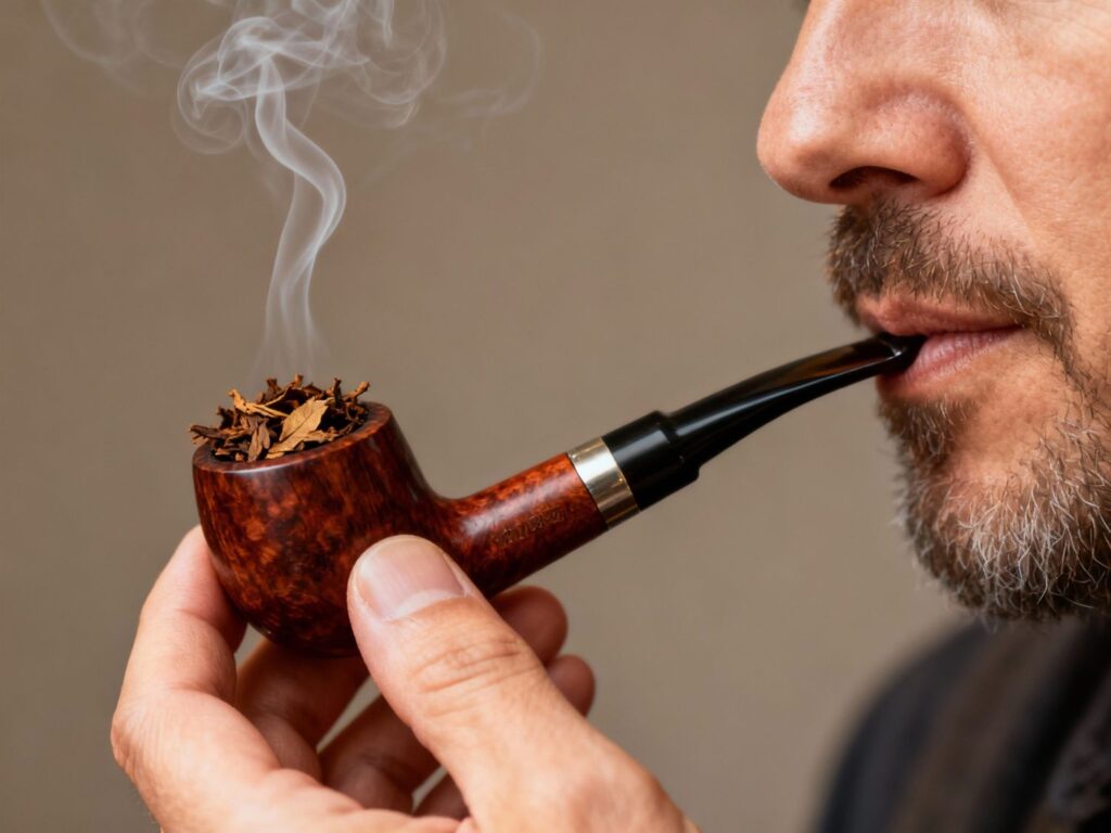 Man smoking a classic wooden pipe with smoke at Glass Pipes Tulsa, offering high-quality pipes and smoking essentials in the area.