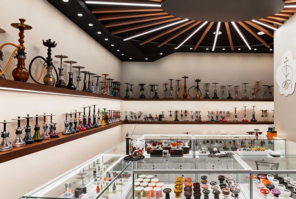 Premium hookahs and shisha flavors displayed in modern Head Shop Sapulpa interior.