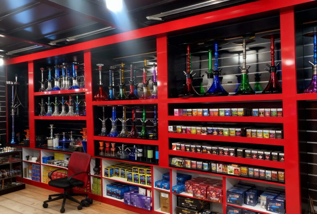 Colorful hookahs and tobacco selection on red shelves at Head Shop Sapulpa.