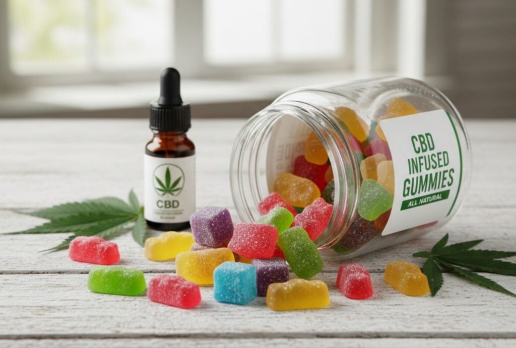 Colorful CBD-infused gummy bears spilling from jar next to CBD oil at CBD Store Sapulpa.