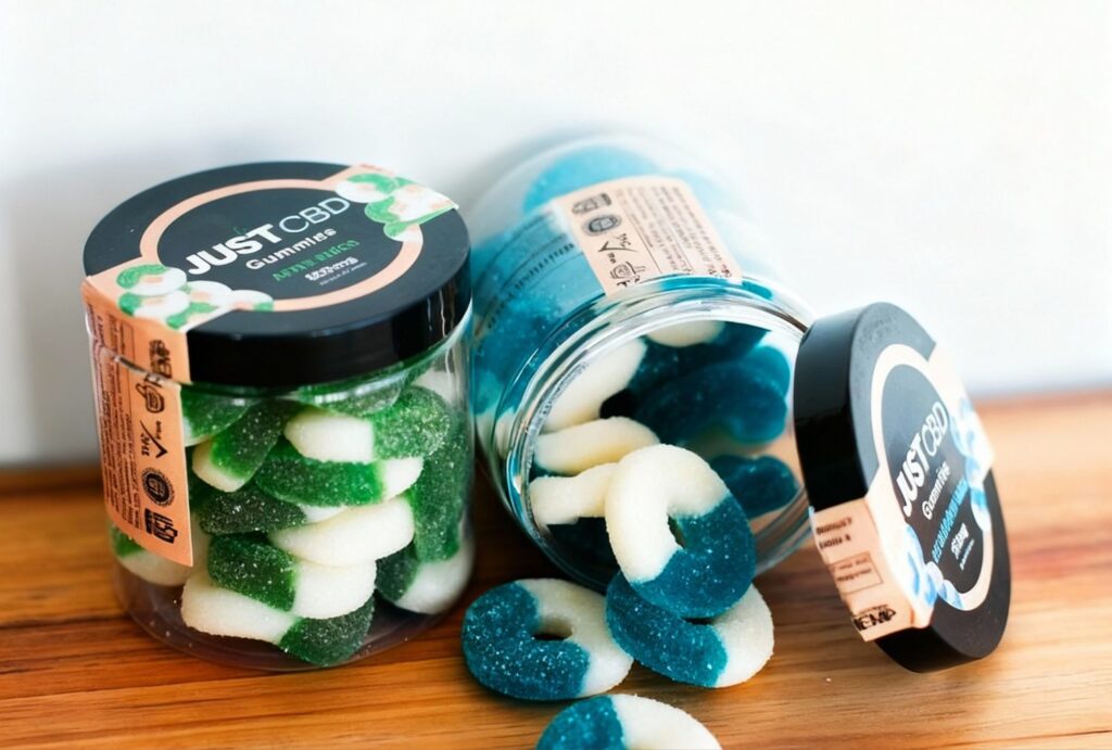 Just CBD gummy rings in green apple & blue raspberry flavors at CBD Store Sapulpa.