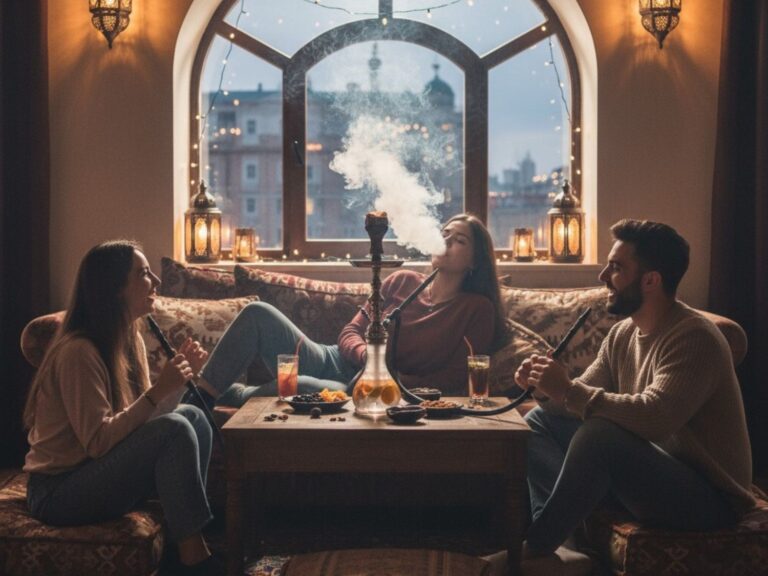 Friends enjoying a hookah session by a window at Smoke Shop Tulsa, your prime spot for quality smoking products and cozy vibes locally.