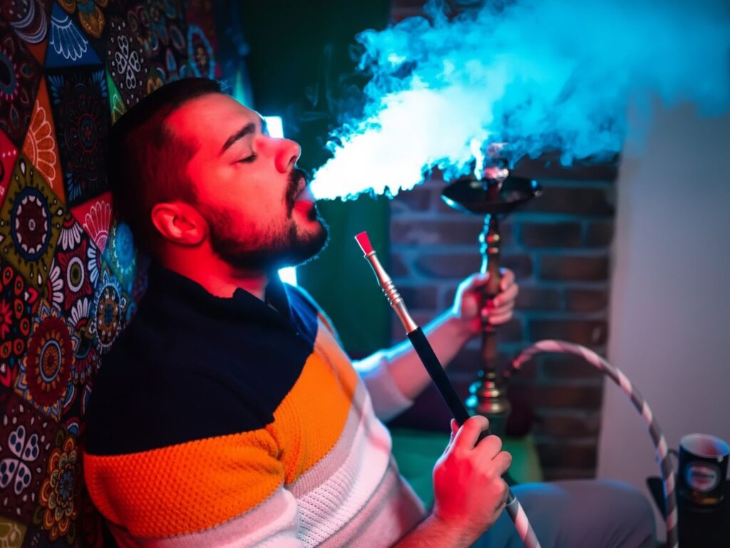 Man exhaling colorful hookah smoke in a vibrant lounge at Smoke Shop Tulsa, offering top-notch smoking accessories for a great experience.