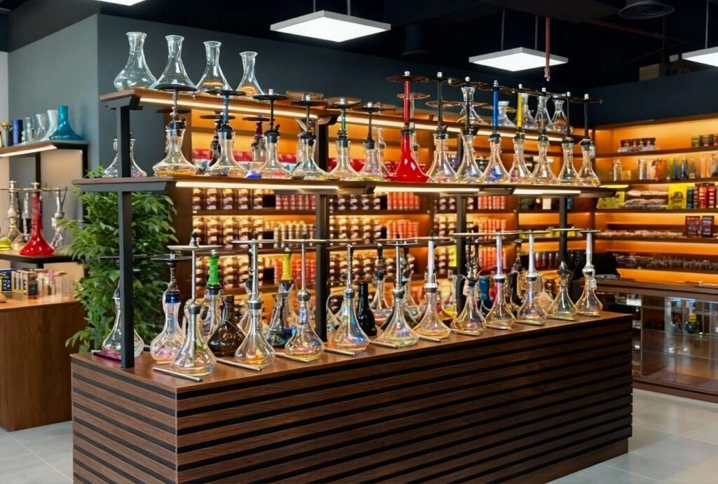 Wall of premium hookahs and flavors inside modern Shisha Store Broken Arrow.