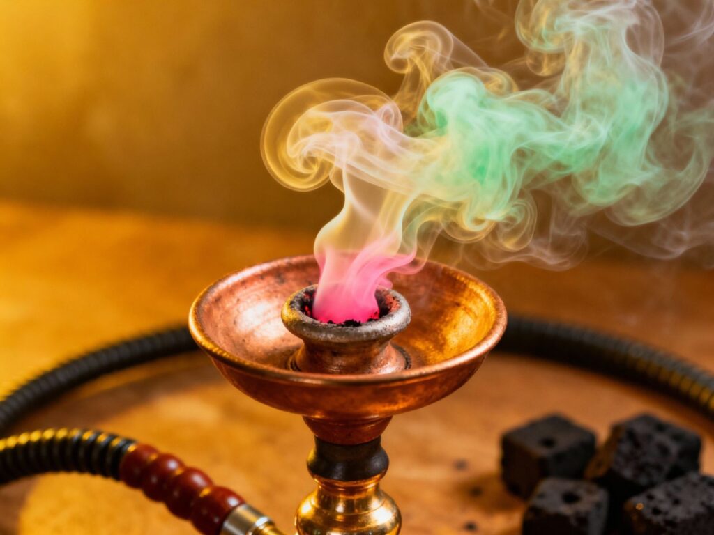 Colorful smoke swirling from a hookah bowl at Smoke Shop Tulsa, showcasing top-quality smoking accessories for a relaxing experience.