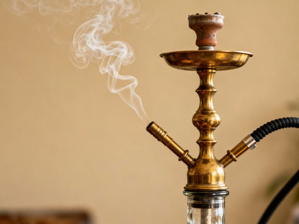 Golden hookah with smooth smoke trails at Smoke Shop Tulsa, your go-to spot for stylish and high-quality smoking gear in the area.