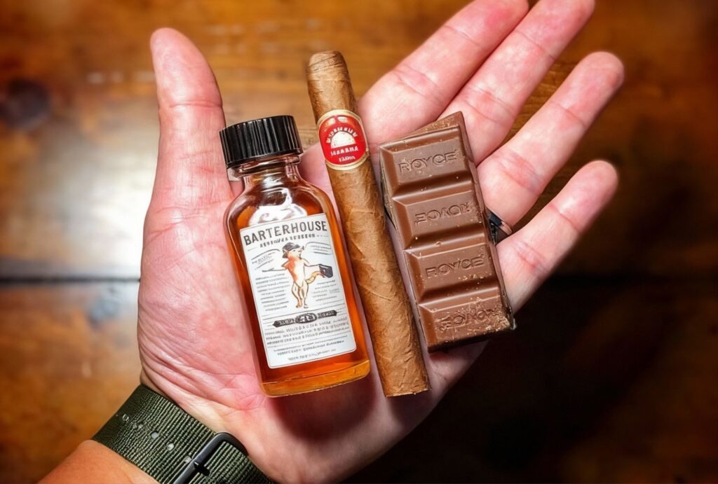 Hand holding Cuban cigar, Barterhouse bourbon bottle & Royce chocolate at Tobacco Store Sapulpa.