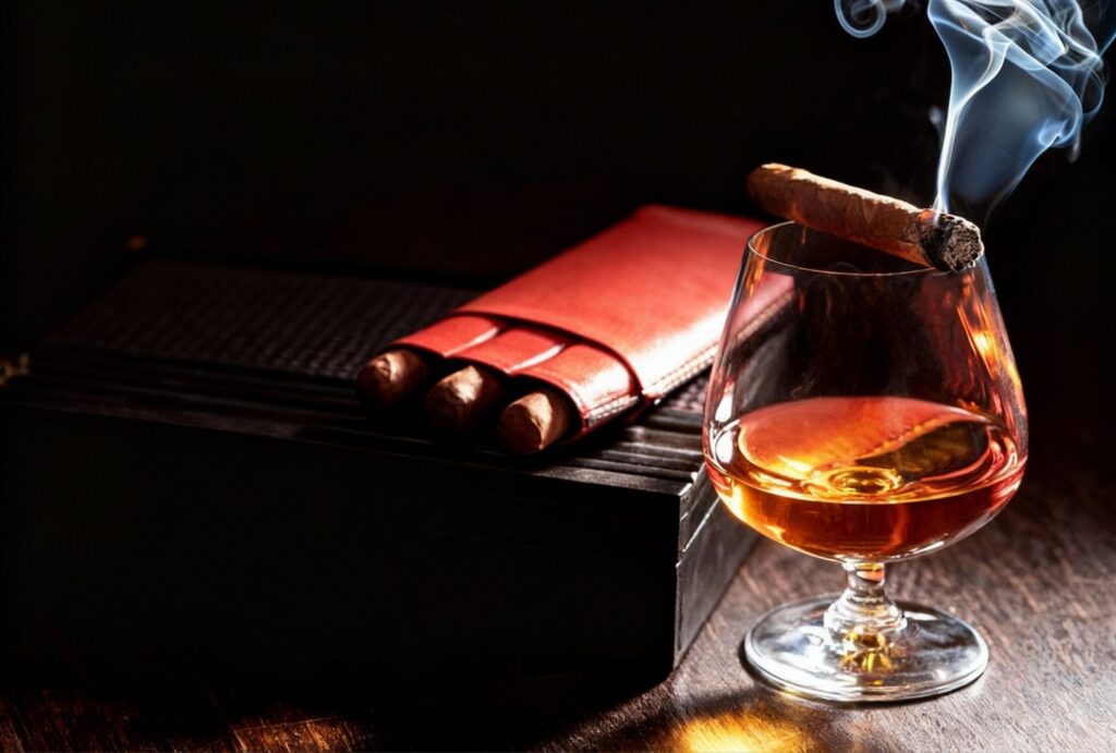 Lit cigar resting on cognac glass with red leather case – luxury vibes at Cigar Store Owasso.
