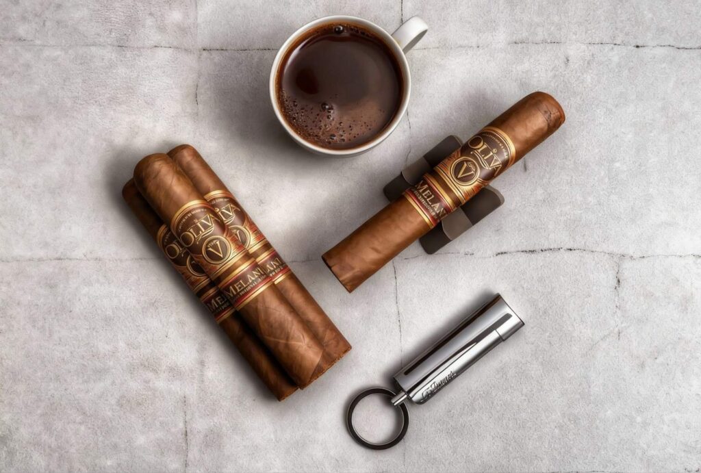 Oliva Serie V Melanio cigars with coffee and torch lighter – perfect pairing at Cigar Store Owasso.