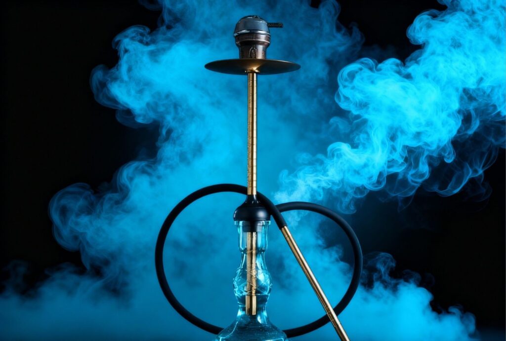 Premium gold hookah with thick blue smoke clouds at Shisha Store Broken Arrow.